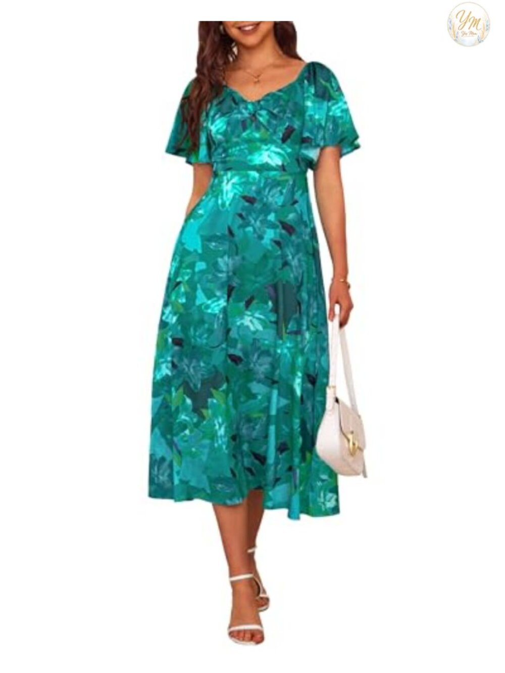 Satin Floral Maxi Dress Tie Front Cap Sleeve Deep V Neck Smocked Back